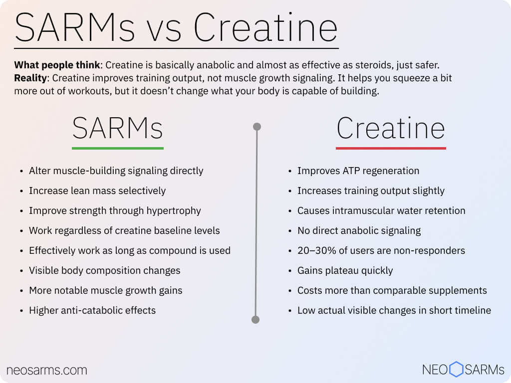 SARMs vs Creatine — infographic comparing 7 key elements